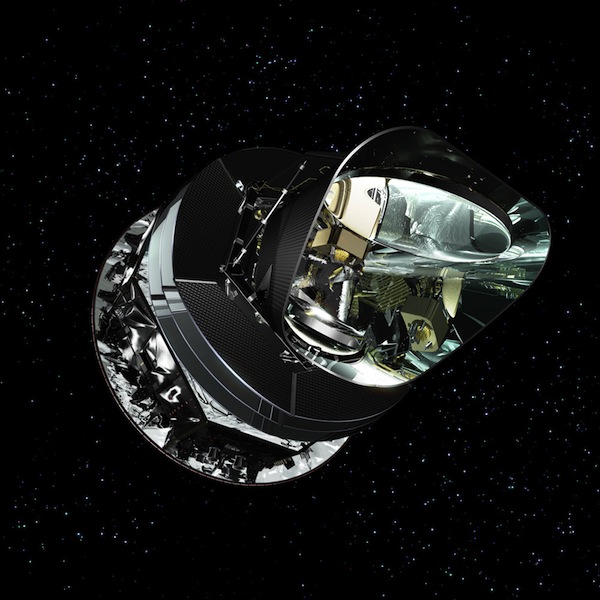 Artist’s rendering of the Planck satellite with view inside the telescope shields. The focal plane unit is visible as the golden collection of waveguide horns at the focus of the telescope positioned inside the thermal shields (external envelope) which protect the telescope from unwanted stray light and aids the cooling of the telescope mirrors by having a black emitting surface on the outside and a reflective one on the inside. For reference, the Earth and Sun would be located far towards the bottom left of this picture. (Credit: ESA/Planck)