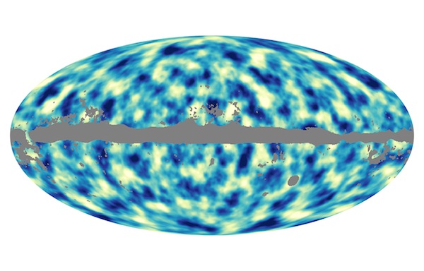 This all-sky image shows the distribution of dark matter across the entire history of the Universe as seen projected on the sky. It is based on data collected with ESA's Planck satellite during its first 15.5 months of observations. Dark blue areas represent regions that are denser than the surroundings, and bright areas represent less dense regions. The grey portions of the image correspond to patches of the sky where foreground emission, mainly from the Milky Way but also from nearby galaxies, is too bright, preventing cosmologists from fully exploiting the data in those areas. (Credit: ESA/Planck)