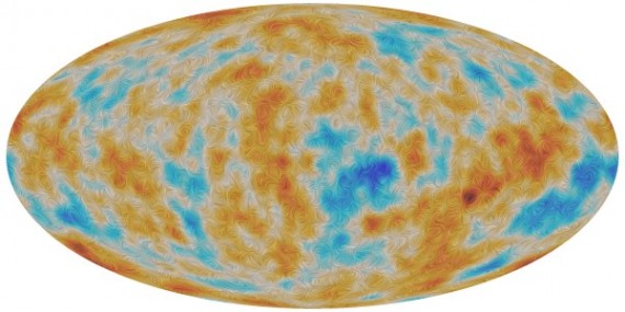 A visualisation of the polarisation of the Cosmic Microwave Background, or CMB, as detected by ESA's Planck satellite over the entire sky. The CMB is a snapshot of the oldest light in our Universe, imprinted on the sky when the Universe was just 380 000 years old. It shows tiny temperature fluctuations that correspond to regions of slightly different densities, representing the seeds of all future structure. A small fraction of the CMB is polarised – it vibrates in a preferred direction. In this image, the colour scale represents temperature differences in the CMB, while the texture indicates the direction of the polarised light. The patterns seen in the texture are characteristic of ‘E-mode’ polarisation, which is the dominant type for the CMB. For the sake of illustration, both data sets have been filtered to show mostly the signal detected on scales around 5 degrees on the sky. However, fluctuations in both the CMB temperature and polarisation are present and were observed by Planck on much smaller angular scales, too. (Credit: ESA/Planck)